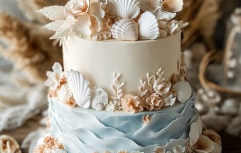 A beach-themed small wedding cake showcasing designs with seashell accents, tropical florals, and ocean-inspired elements, perfect for reflecting the beauty of the sea and personalizing a coastal wedding celebration. Choose a cake that aligns with your love story and the beach setting for a stunning centerpiece.