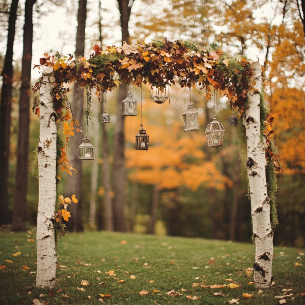 Woodland-inspired birch tree arch with hanging lanterns, moss, and autumn leaves, providing a natural and warm backdrop for an outdoor fall ceremony.