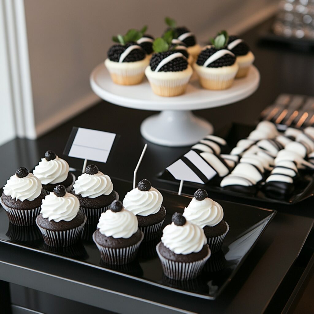 Modern minimalist black-and-white dessert table with dark chocolate truffles, vanilla cupcakes, and white chocolate-dipped strawberries on black and white platters, accented by monochrome napkins and labels.