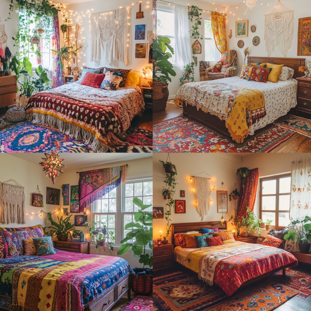 A vibrant bohemian couple's bedroom filled with colorful textiles, eclectic furniture, and whimsical decor elements like macramé and fairy lights.