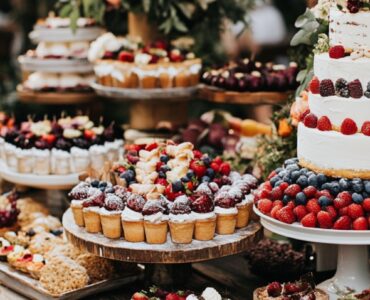 A collection of boho wedding dessert tables showcasing various styles, from rustic and minimalist to vibrant and eclectic, featuring natural elements, vintage accents, and colorful desserts, capturing the free-spirited essence of a boho wedding and adding a memorable touch to your special day.