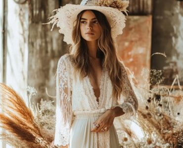 boho wedding guest outfit, emphasizing flowy silhouettes, earthy colors, and handcrafted details for a stylish and relaxed look.