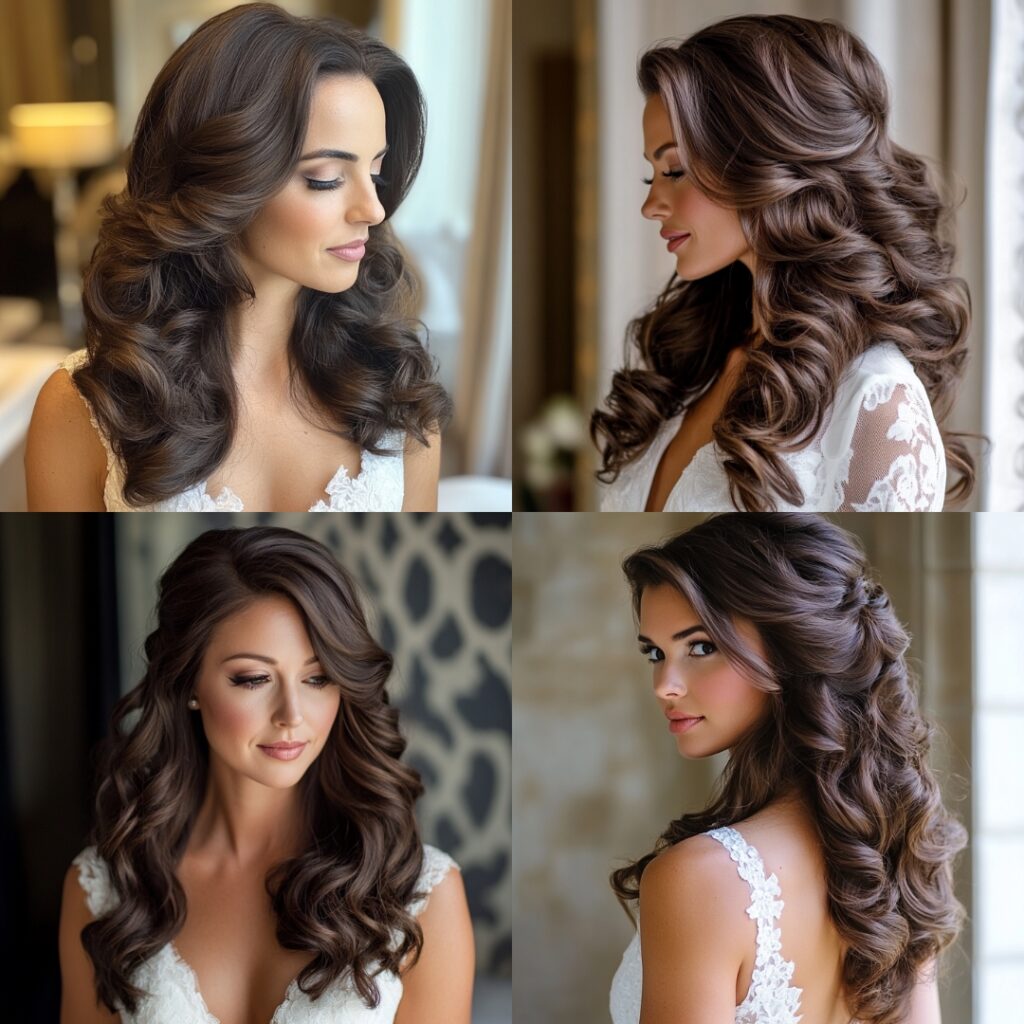 Bride with rich brunette hair in deep chocolate tones, styled in voluminous curls, offering a glamorous and sophisticated appeal.