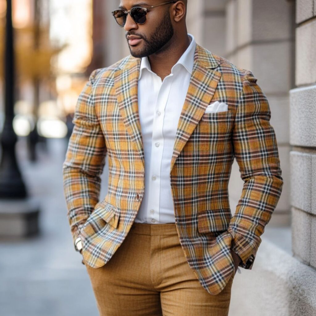 Man in a bold plaid blazer paired with solid earth-tone trousers, showcasing a standout fall wedding guest outfit.