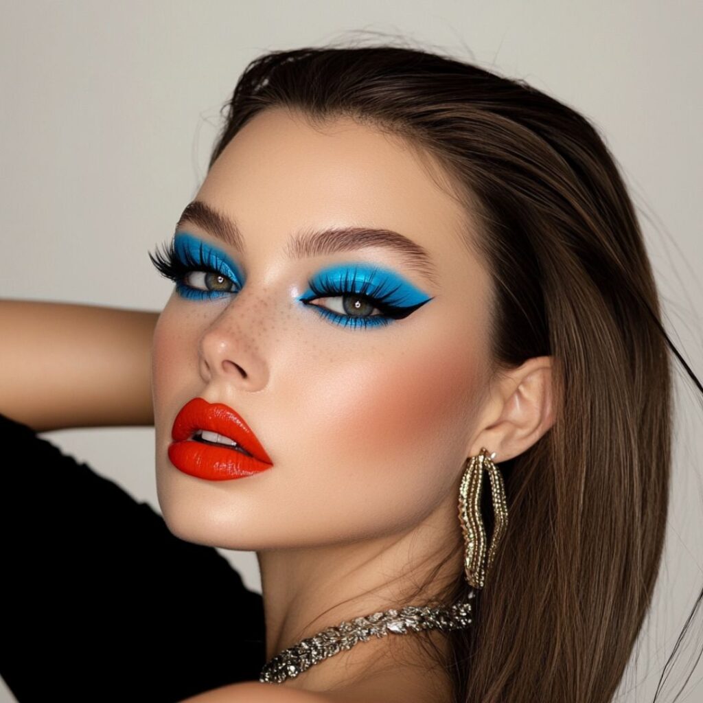 A woman with a bold and daring makeup look, featuring vibrant electric blue eyeshadow, graphic eyeliner, a flawless base, and a nude lip, perfect for making a statement on a daring date night.