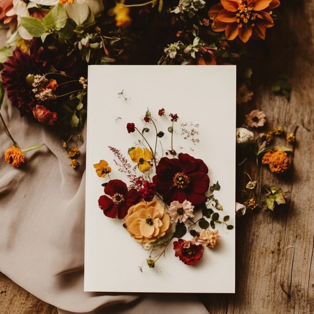 Wedding program showcasing pressed flowers in rich autumn hues of deep reds, oranges, and yellows, with a minimalist cover design for an elegant fall wedding.