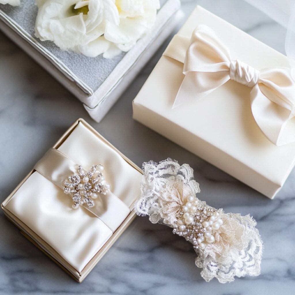 A timeless bridal garter set, featuring a keepsake and toss garter, reflecting the bride's personality with classic or modern design options.