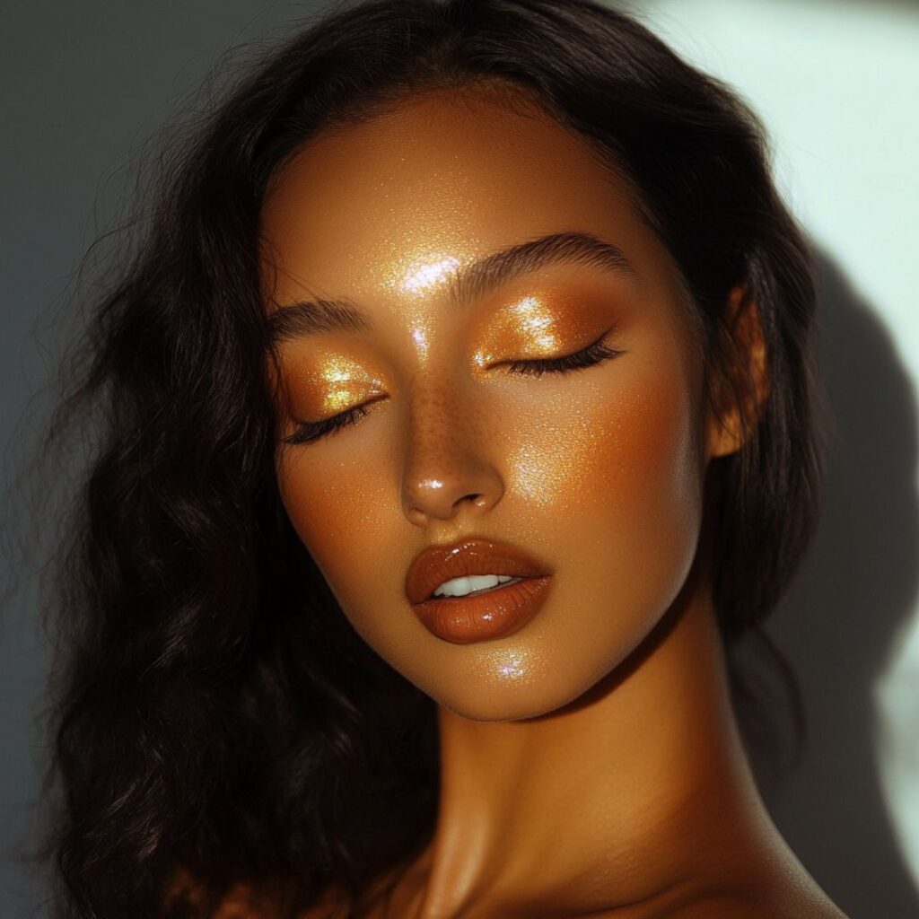 A woman embracing a bronzed goddess makeup look with bronzed cheeks, golden earthy eyeshadows, shimmering highlights, and a glossy nude lip, radiating warmth for an outdoor date.