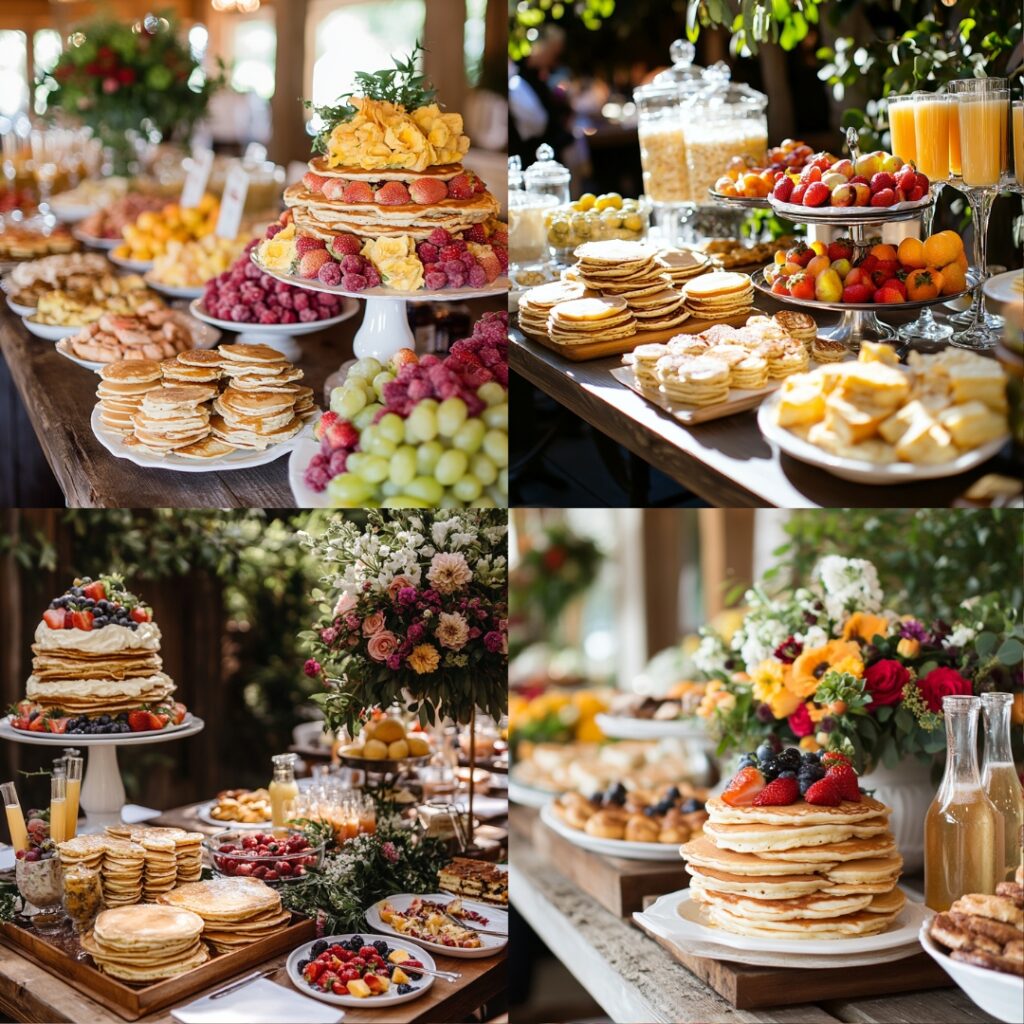 A delightful brunch wedding reception setup with fluffy pancakes, savory quiches, fresh fruit platters, and a mimosa bar, creating a relaxed and cheerful atmosphere.