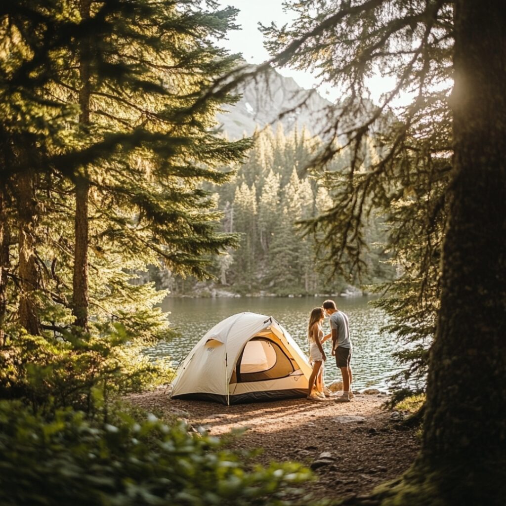 A couple setting up a tent in a serene national park, surrounded by trees, ready to enjoy a night under the stars.