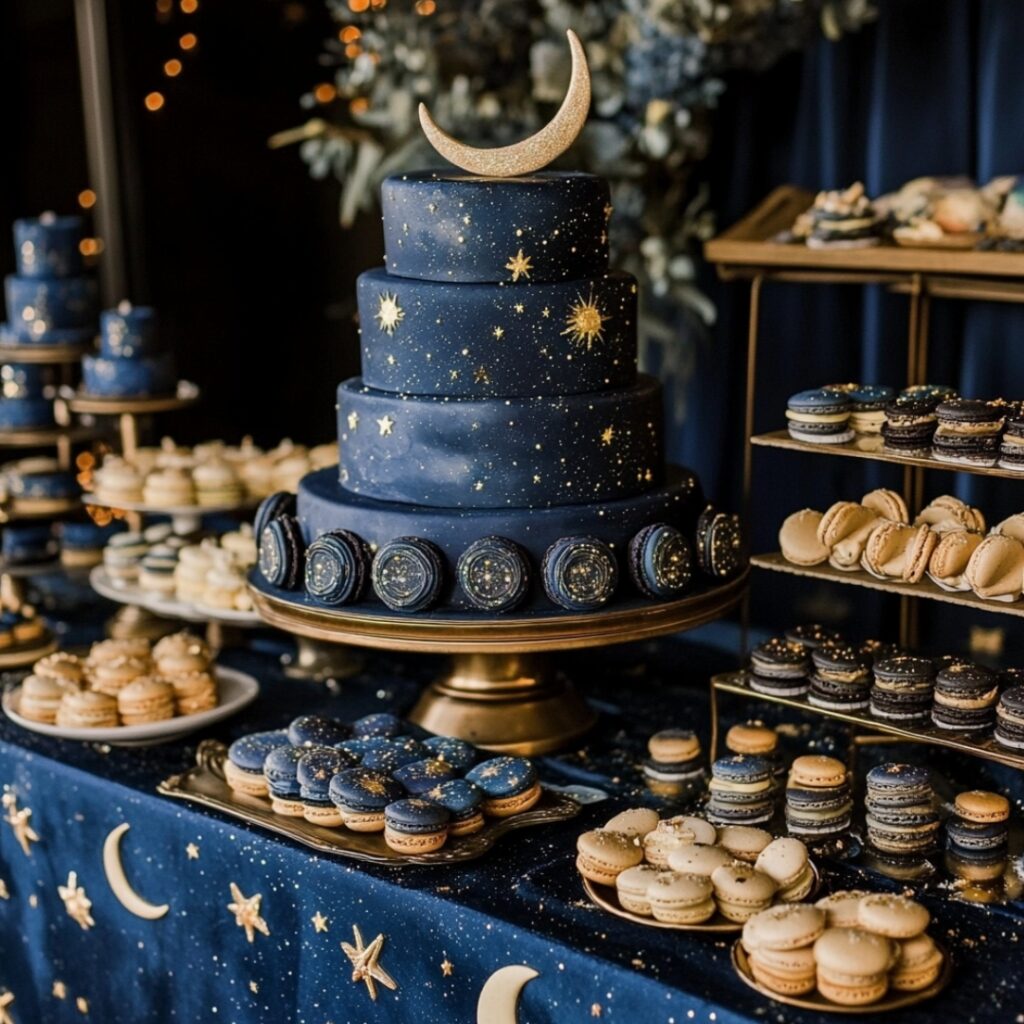 A celestial-themed dessert table with a midnight blue cloth, galaxy macarons, moon cookies, and a constellation cake, ideal for a magical nighttime wedding.