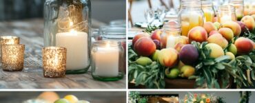A collage of creative and budget-friendly centerpiece ideas, including rustic mason jars, elegant candles, vibrant fruit bowls, and potted plants, showcasing how inexpensive materials can create stunning table settings.