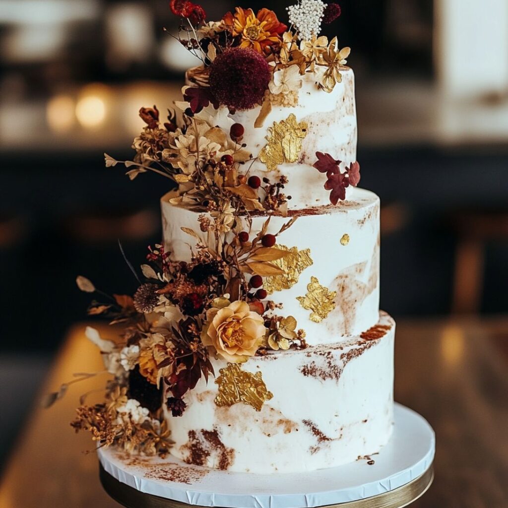 A chai spice wedding cake infused with aromatic chai spices, adorned with gold leaf accents and edible flowers, adding an elegant, bohemian touch to a fall celebration.