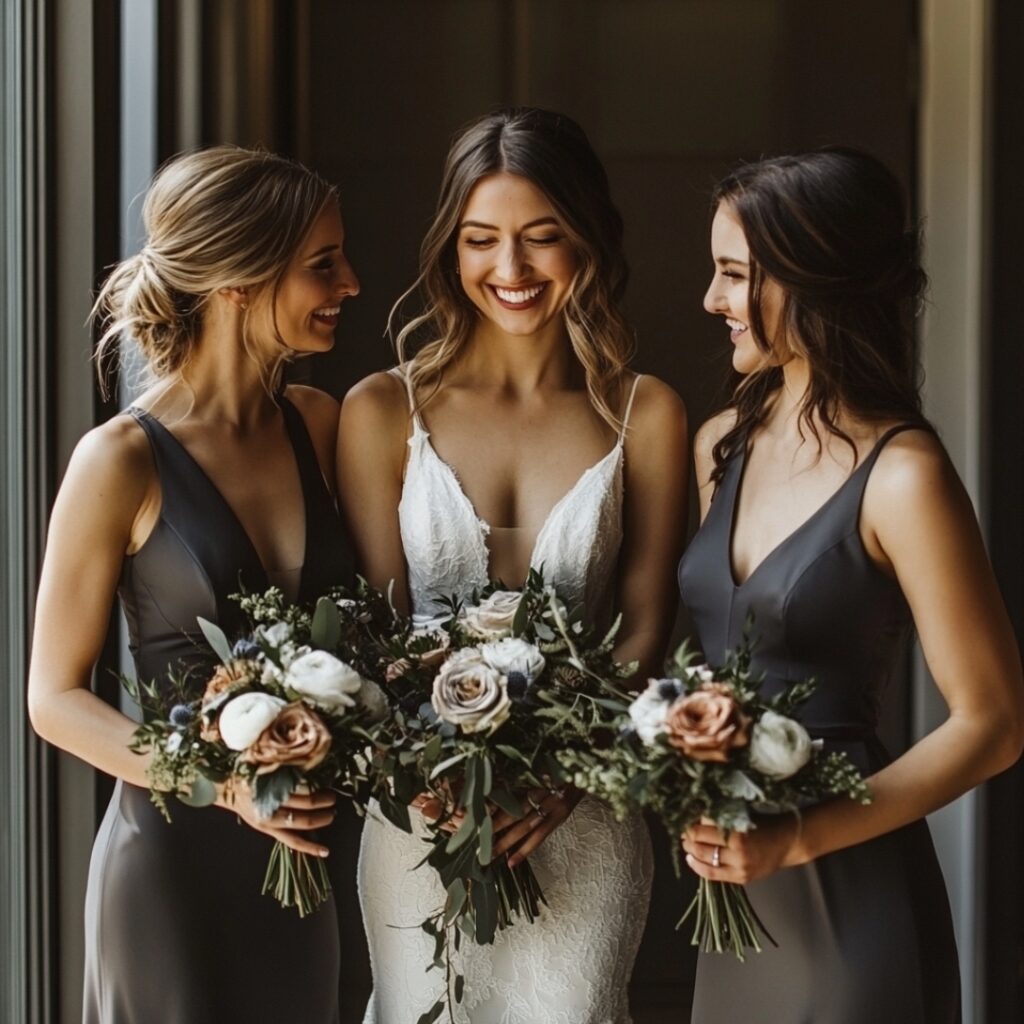 Bridesmaids in sleek charcoal gray dresses, adding a modern, sophisticated touch to a fall wedding, paired with chic metallic accents for a refined look.
