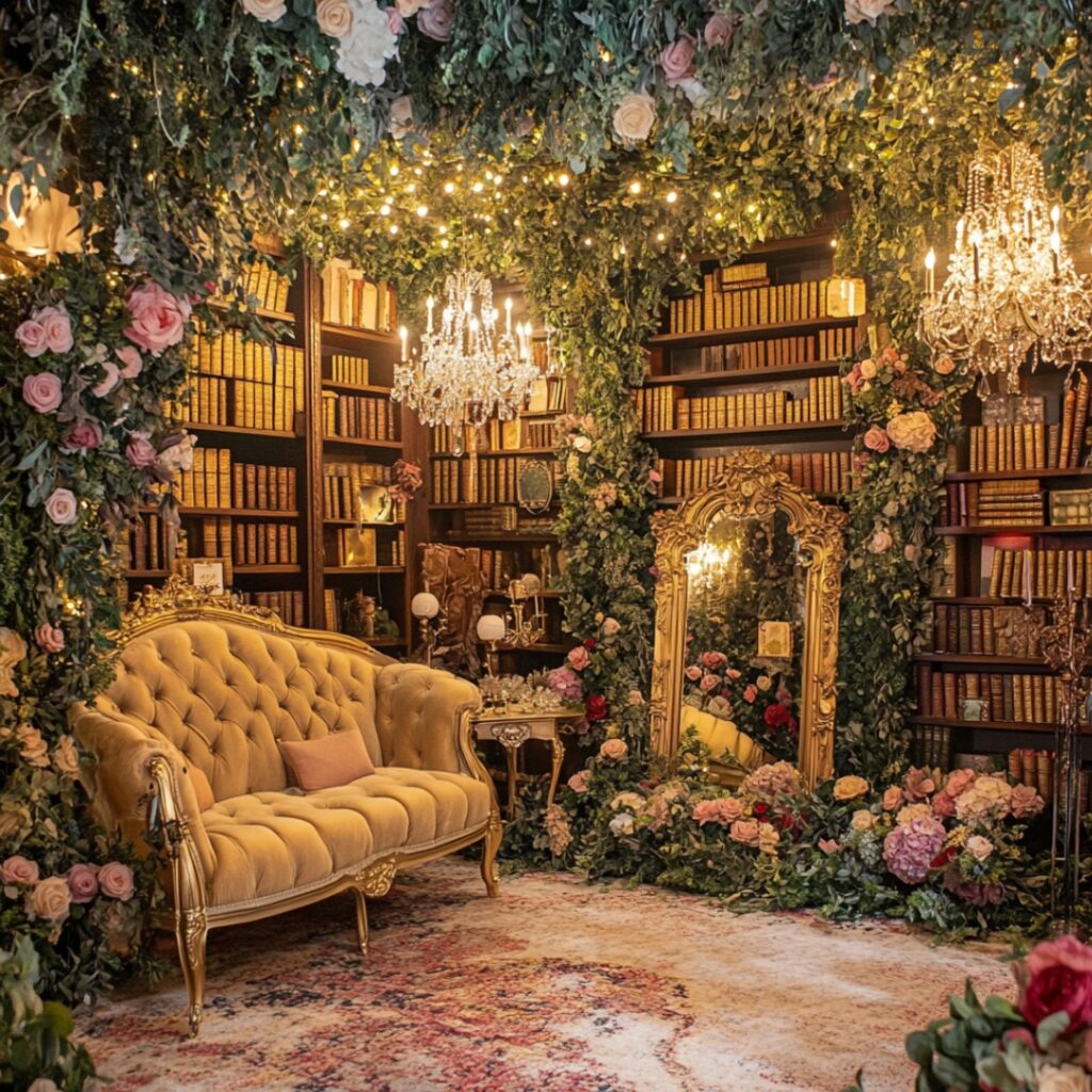 A themed photo backdrop resembling the Beast’s library or enchanted forest, with twinkling lights, faux greenery, and iconic props like Lumière’s candelabra and Belle’s enchanted mirror for guests to enjoy.