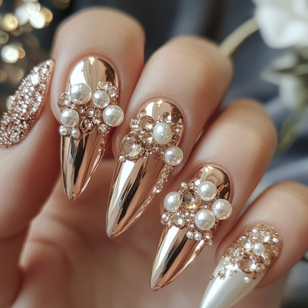 Luxurious wedding nails with a chrome base in rose gold and pearl embellishments, creating a sophisticated bridal design.