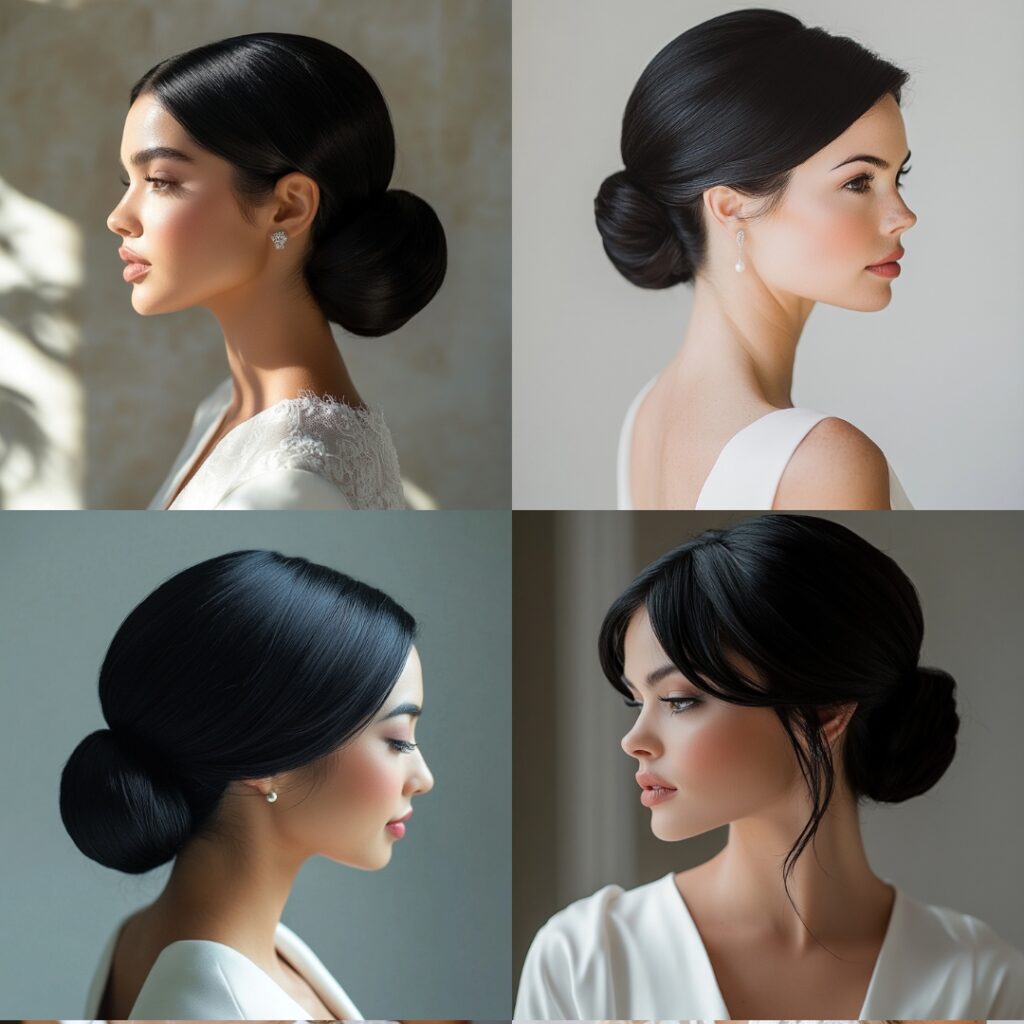 Bride with jet-black hair styled in a sleek chignon, exuding sophistication and elegance, perfect for a timeless and classic wedding look.