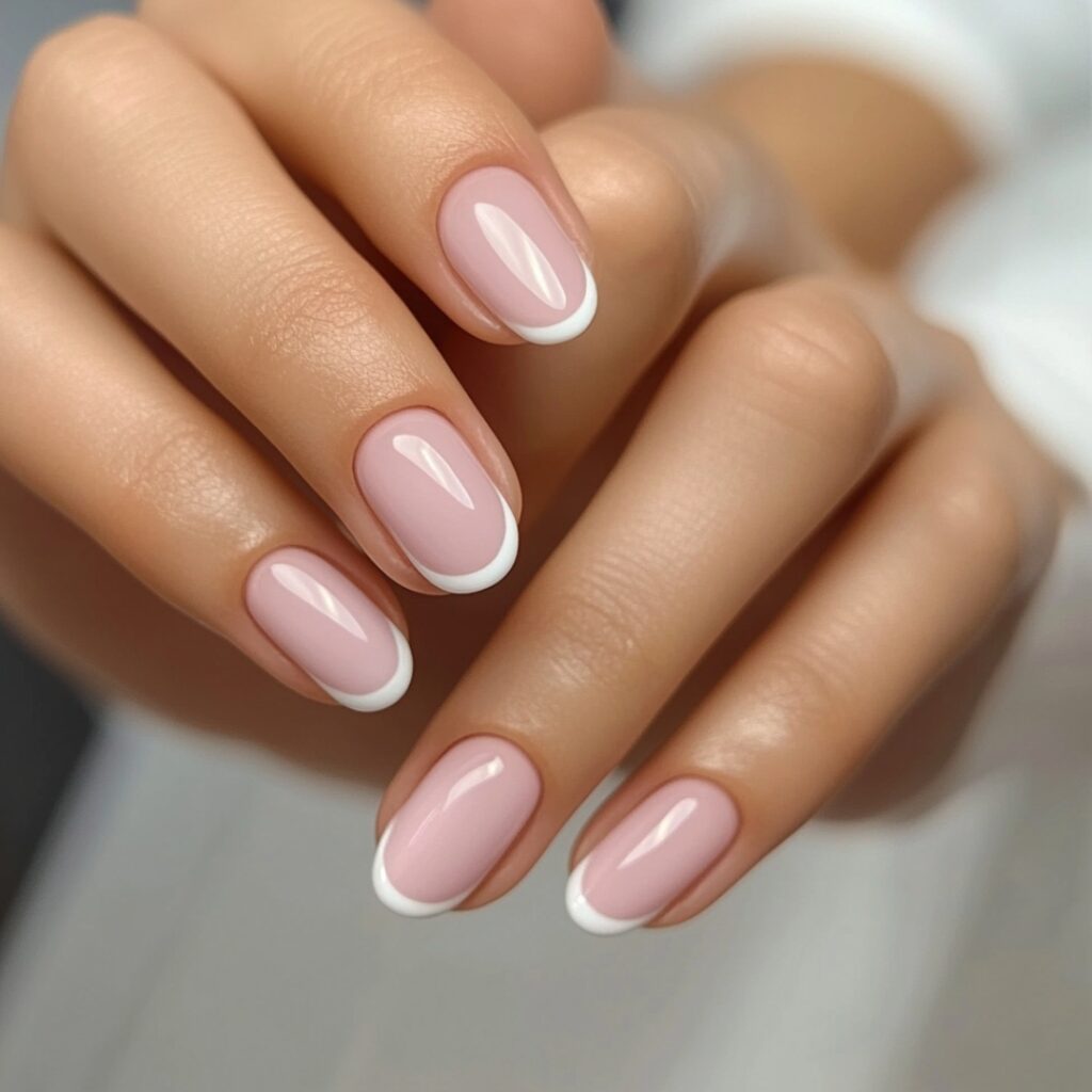 Close-up image of hands with a classic French manicure, showcasing a nude or pale pink base with clean white tips, perfect for an elegant bridal look.