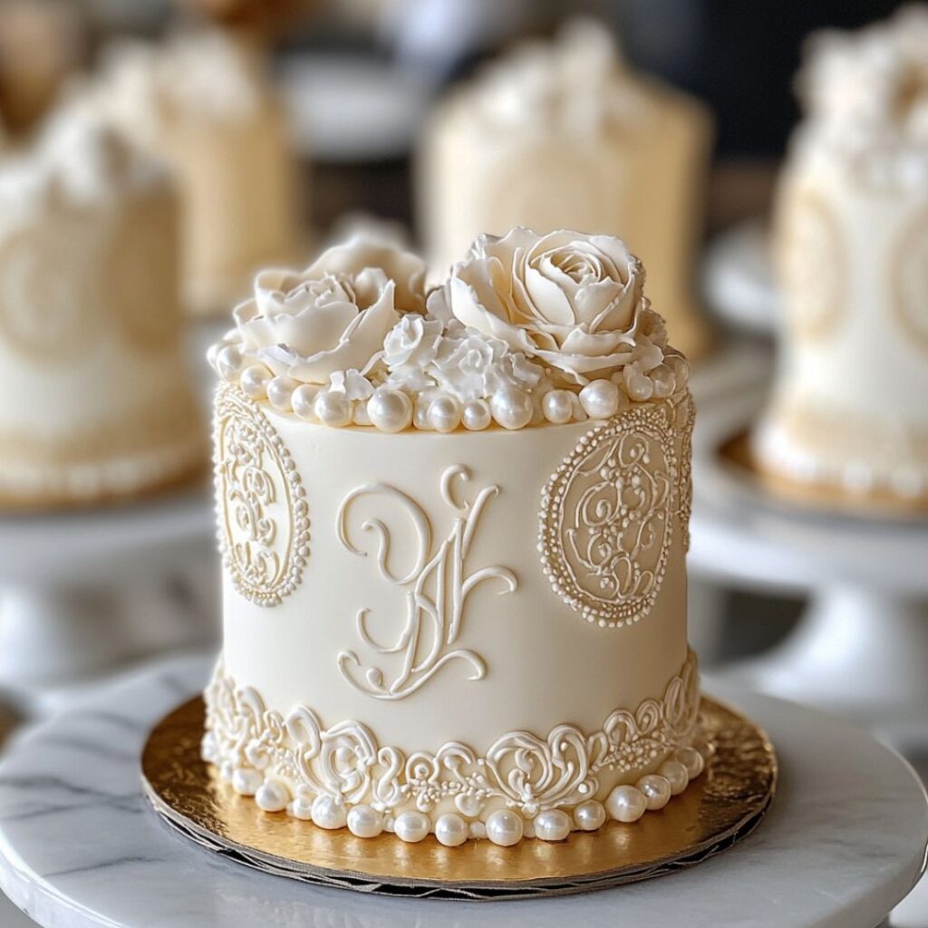 Classic monogrammed mini wedding cakes with the bride and groom's initials elegantly piped on a white and gold design, adorned with pearls and lace patterns.