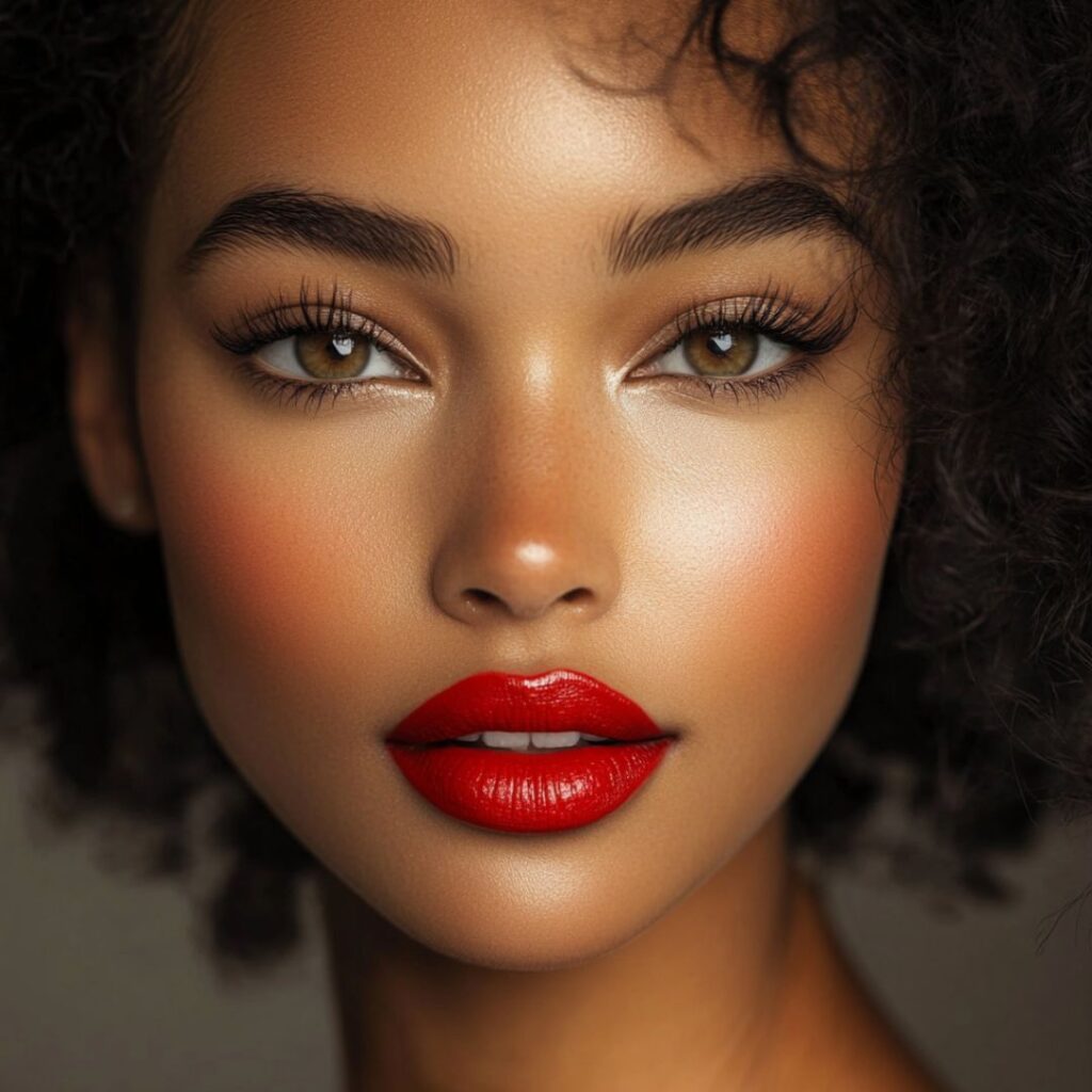 A woman showcasing a classic red lip makeup look with bold red lipstick, clean complexion, minimal eye makeup, and a subtle cat-eye, exuding confidence for date night.