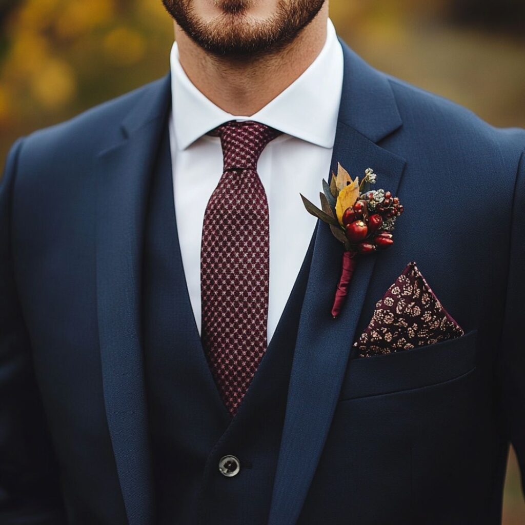 Man wearing a classic navy suit with a burgundy tie and a patterned pocket square, perfect for a fall wedding.