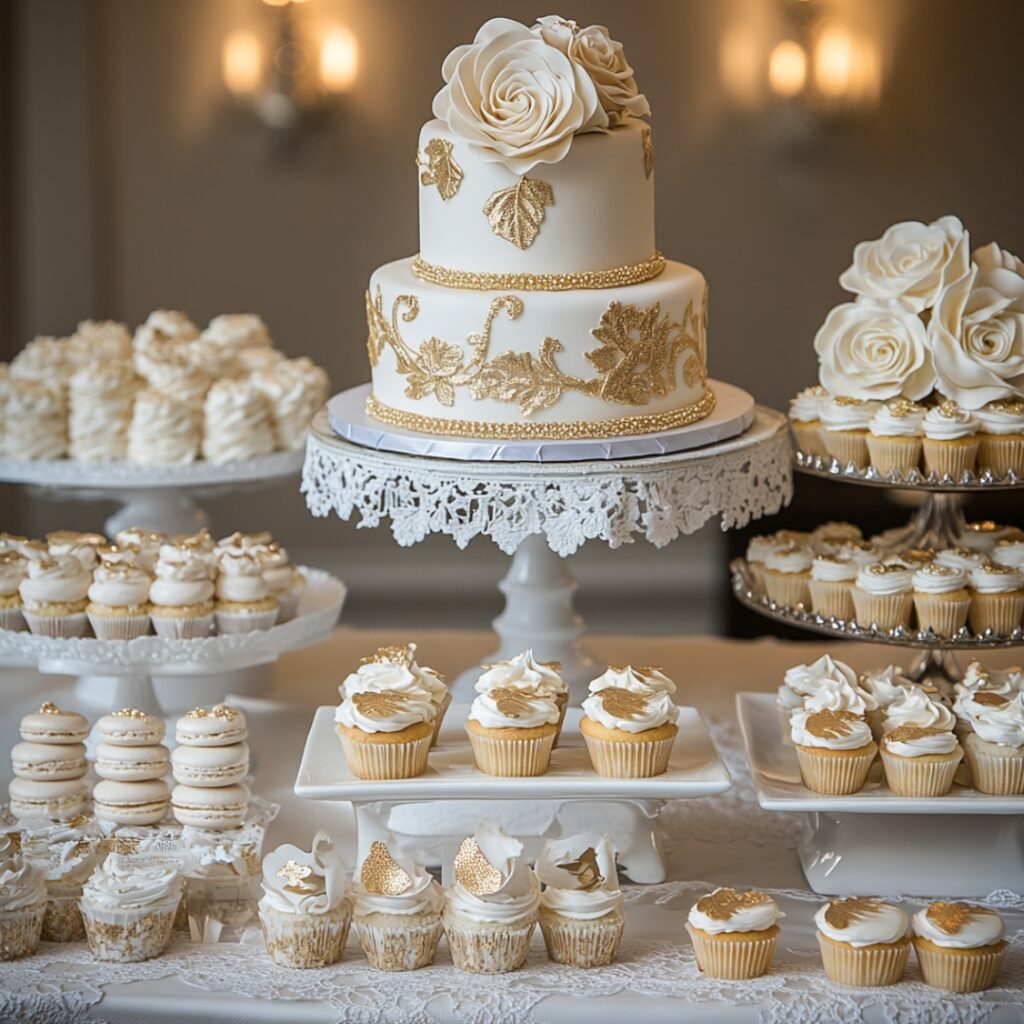 An elegant wedding dessert table in white and gold, featuring lace linens, gold leaf cupcakes, macarons, and a cascading rose cake.