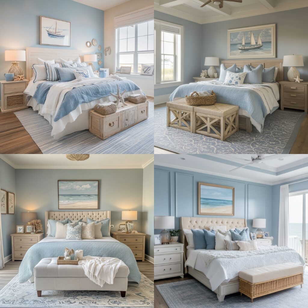 A coastal-themed couple's bedroom with soft blues, sandy neutrals, and nautical decor, evoking the refreshing and serene feel of the beach.