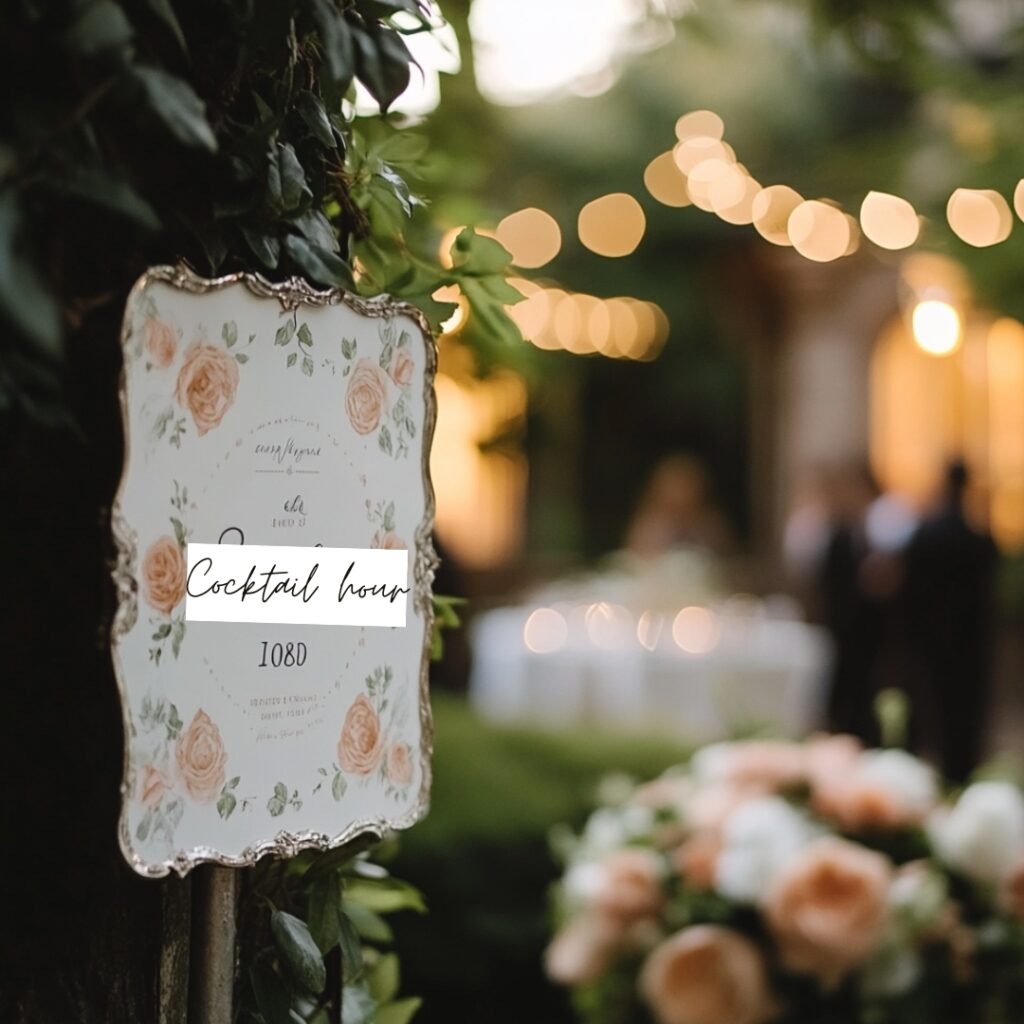 A chic sign directing guests to the cocktail hour at a wedding, placed near the ceremony exit or cocktail area entrance, with details about the event's timing and instructions.