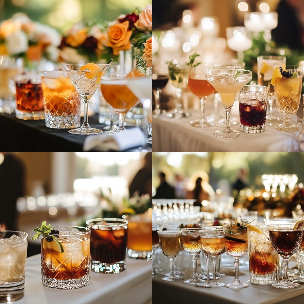 Expertly crafted cocktail pairings at a wedding reception, with signature drinks that complement the menu, offering a sophisticated beverage experience.