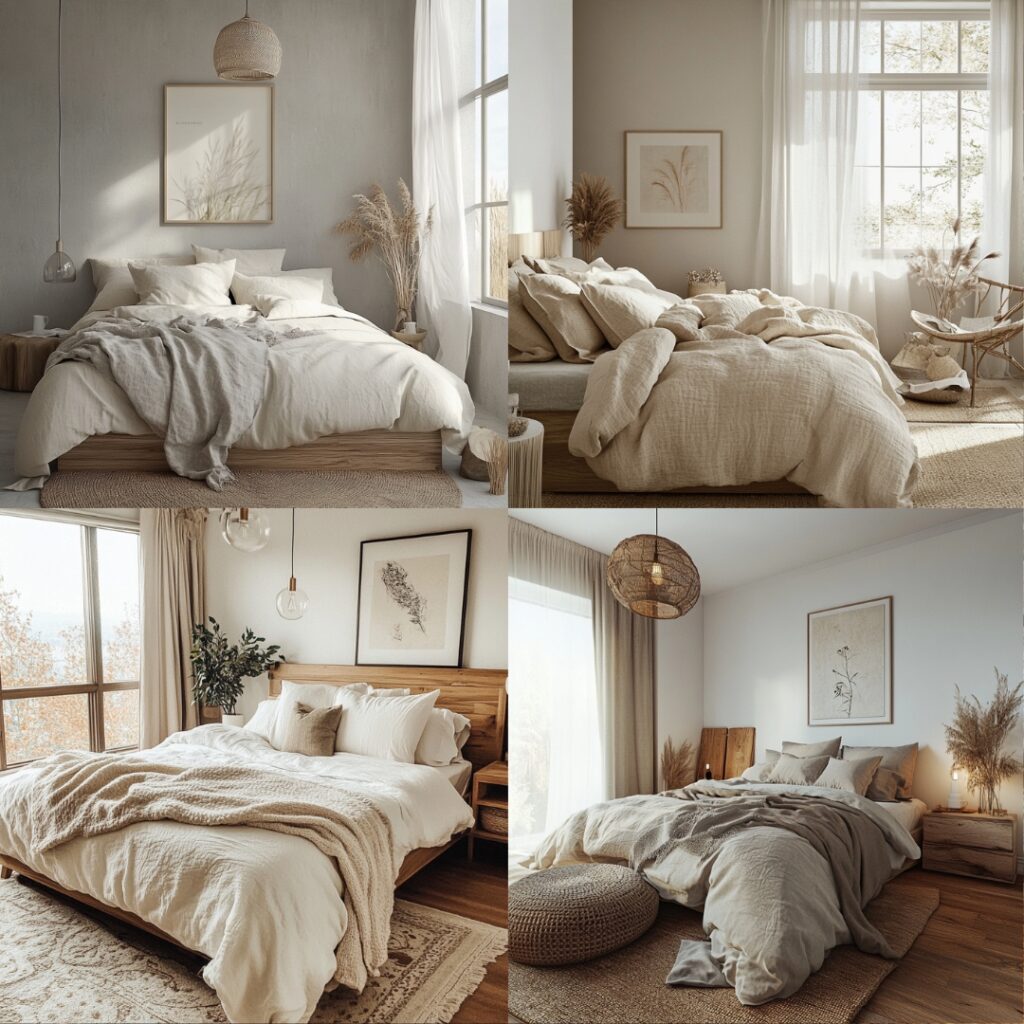 A serene Scandinavian couple's bedroom featuring neutral tones, natural wood elements, and soft textiles for a cozy and inviting atmosphere.