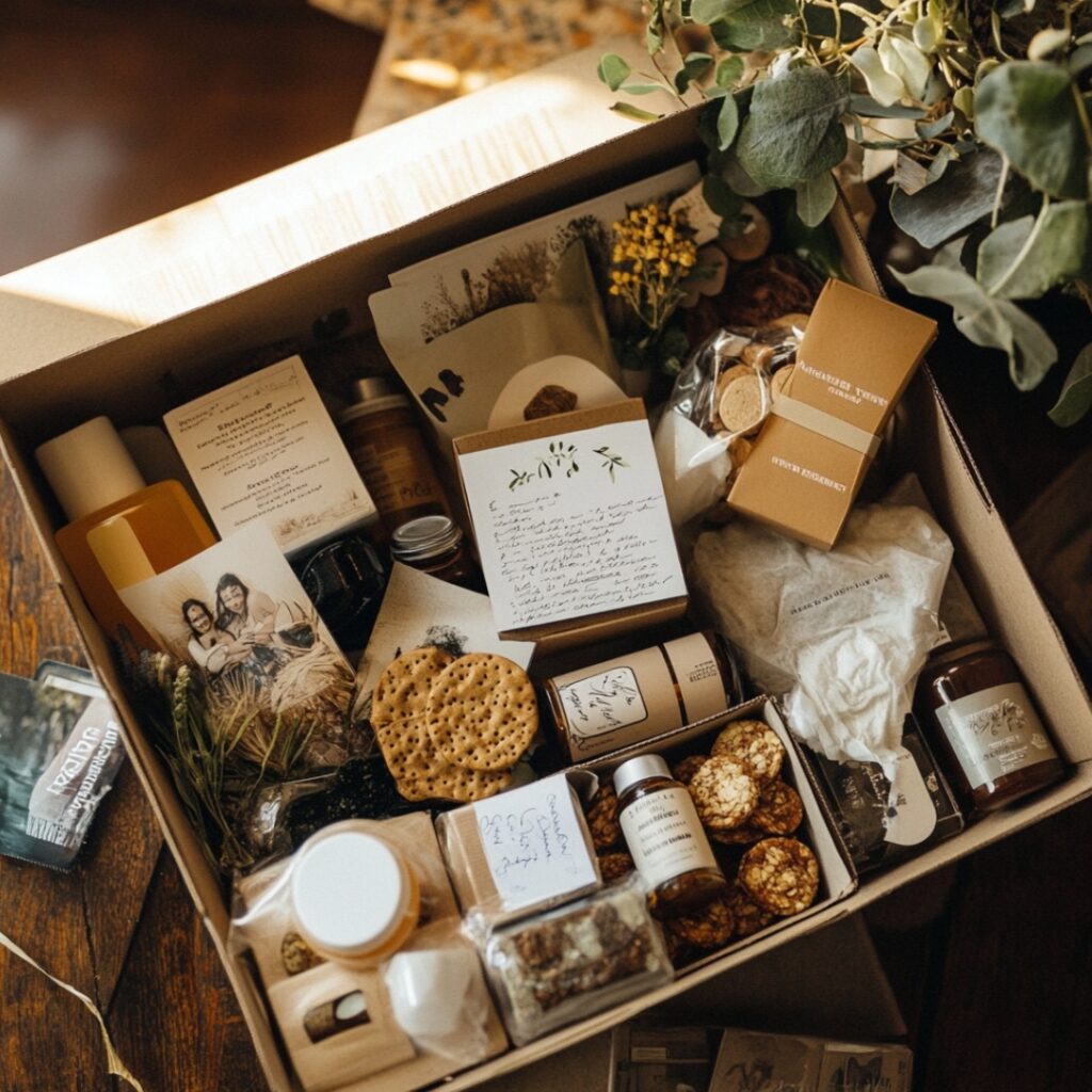 Image of a customized care package filled with snacks, skincare items, and personal touches like handwritten notes and photos.