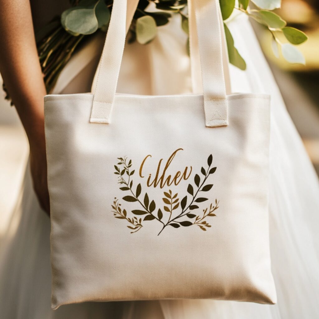 Stylish customized tote bags with names and wedding dates, ideal for carrying essentials and a thoughtful bachelorette gift.
