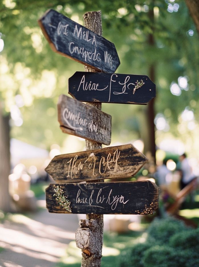 Handmade wedding signage with personalized messages and creative directions, using materials like wood, chalkboards, or canvases.