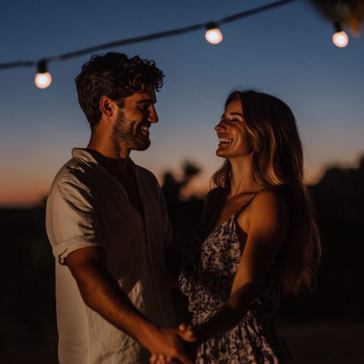 A couple holding hands and smiling at each other, symbolizing a strong and happy marriage, with a peaceful setting that represents the importance of regular date nights to nurture their relationship.