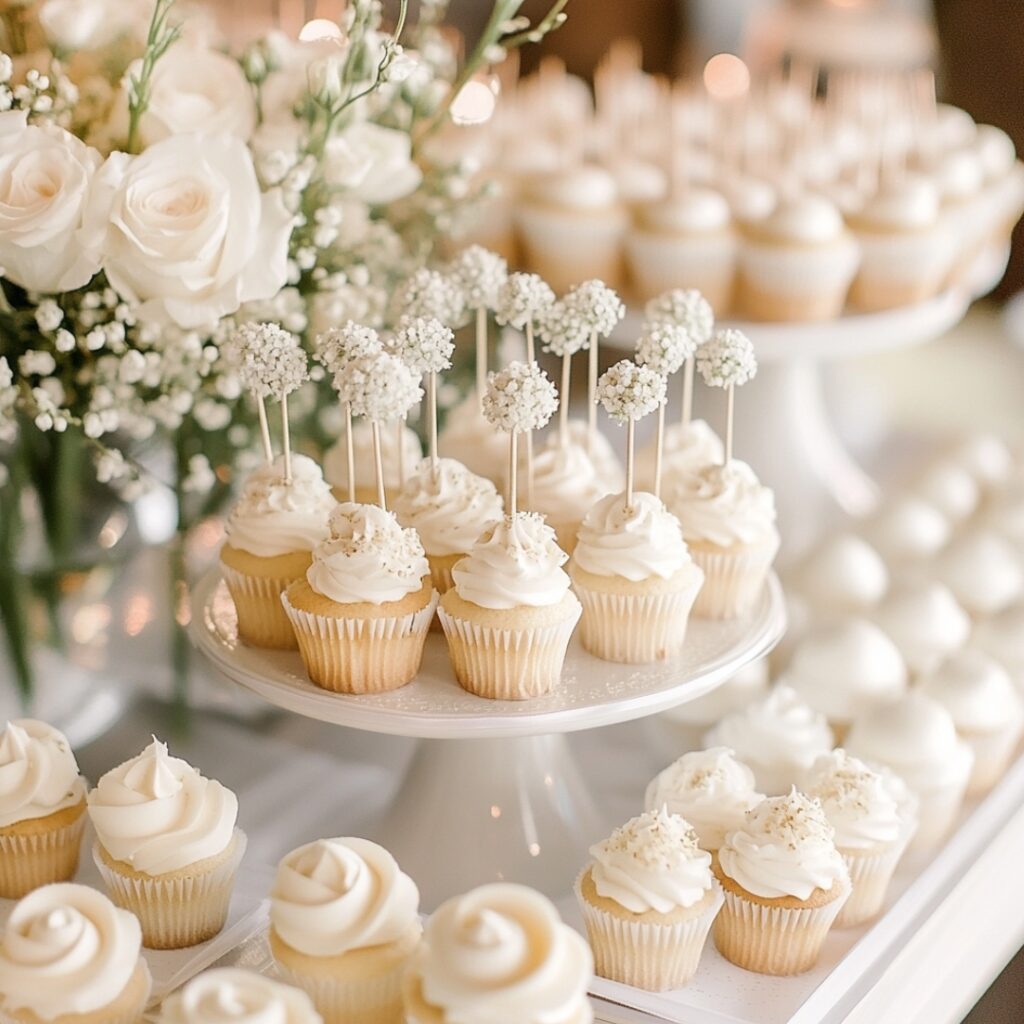 Elegant minimalist dessert table with white-frosted cupcakes and cake pops adorned with small floral accents like baby’s breath and white roses, creating a soft, romantic atmosphere.