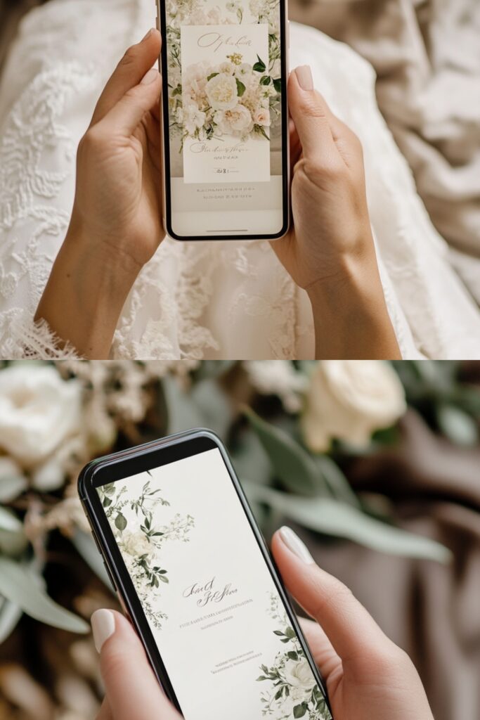 A stylish digital wedding invitation displayed on a smartphone screen, highlighting the eco-friendly and convenient approach to wedding planning.