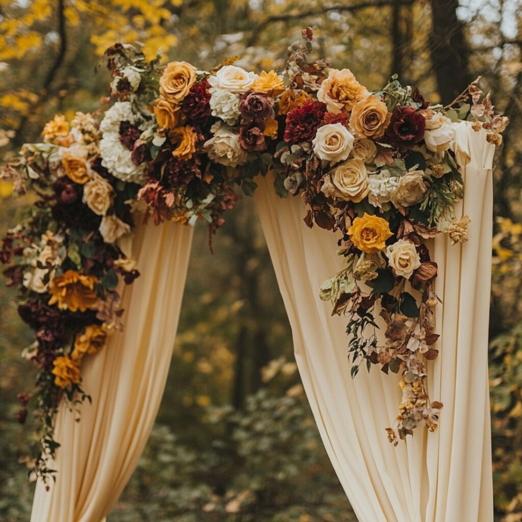 Romantic archway draped with soft fabric and decorated with deep burgundy, mustard, and burnt orange autumn florals, set against vibrant fall foliage.