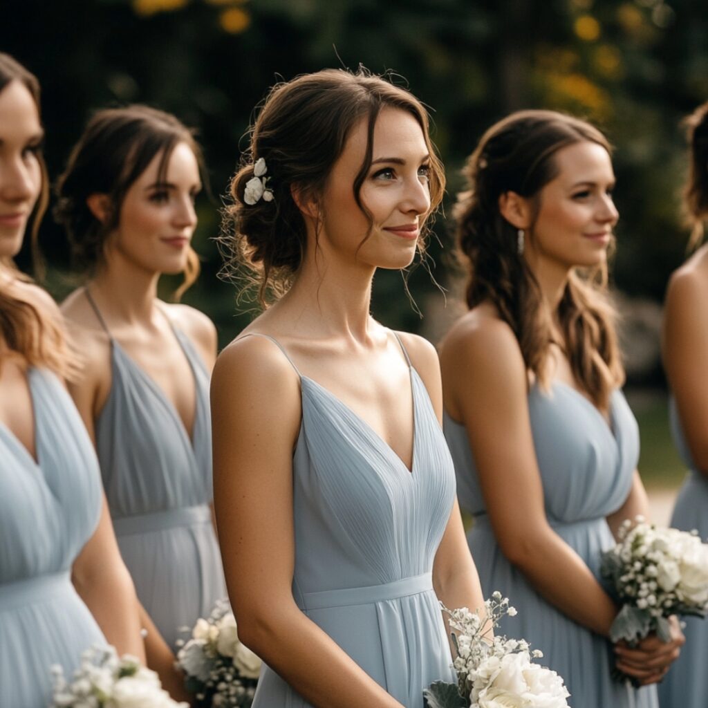 Bridesmaids in soft dusty blue dresses, complementing the cool, romantic vibe of a fall outdoor ceremony with serene, understated elegance.