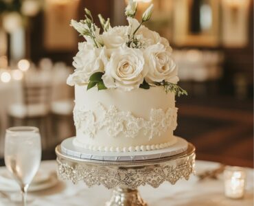An elegant small wedding cake, showcasing refined design and attention to detail, serves as a beautiful focal point at a wedding reception, adding sophistication and a personal touch to the celebration.
