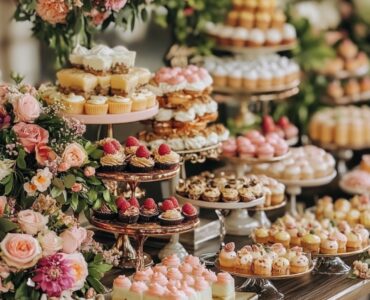 A beautifully arranged wedding dessert table combines delicious treats with visual elegance, enhancing the wedding atmosphere and leaving a lasting impression on guests with its unique style and thoughtful design.