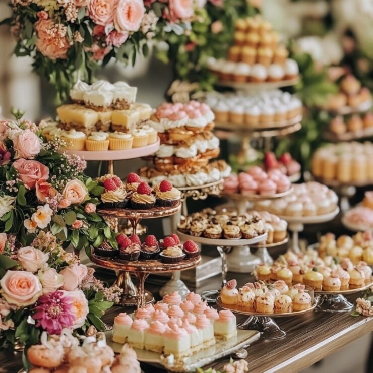 A beautifully arranged wedding dessert table combines delicious treats with visual elegance, enhancing the wedding atmosphere and leaving a lasting impression on guests with its unique style and thoughtful design.
