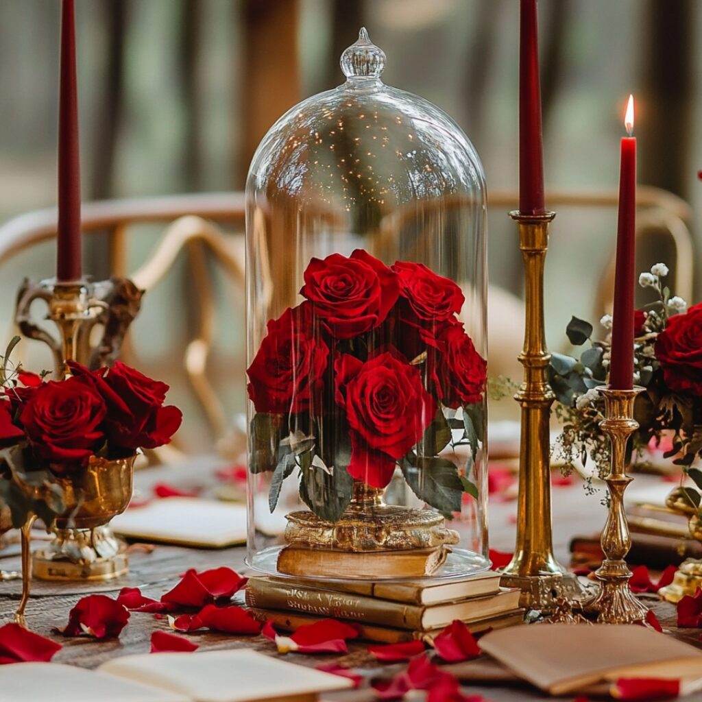 Elegant glass domes encasing red roses, surrounded by scattered petals, gold candlesticks, and vintage books, creating a magical and enchanting Beauty and the Beast-inspired table centerpiece.
