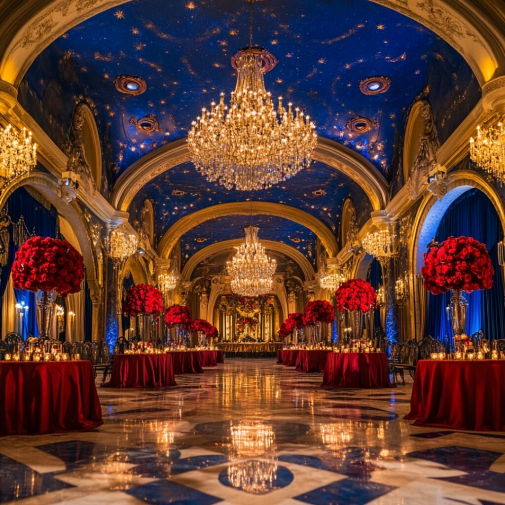 A grand ballroom transformed into the Beast’s enchanted castle, featuring high ceilings, crystal chandeliers, ornate details, and deep colors like royal blue and gold with red rose accents.
