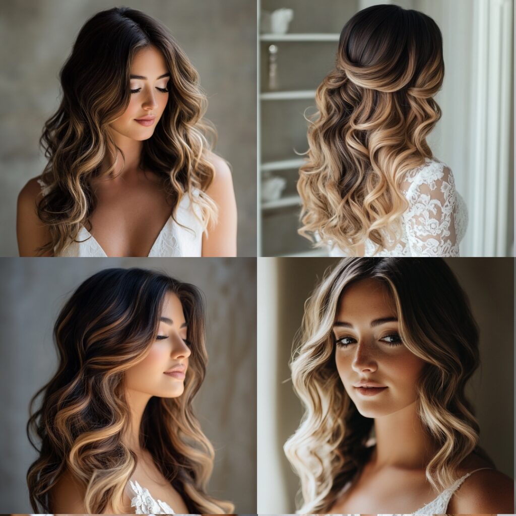 Bride with ombre hair transitioning from dark roots to lighter ends, styled in loose curls, creating a mesmerizing and modern bridal look.