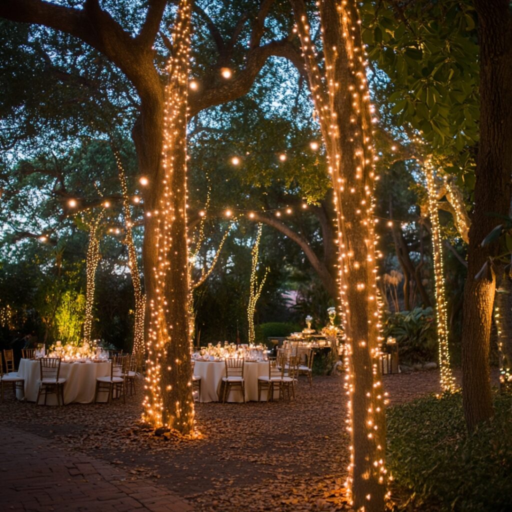 Twinkling fairy lights draped in trees, creating a magical and enchanting atmosphere as evening falls during a garden wedding celebration.