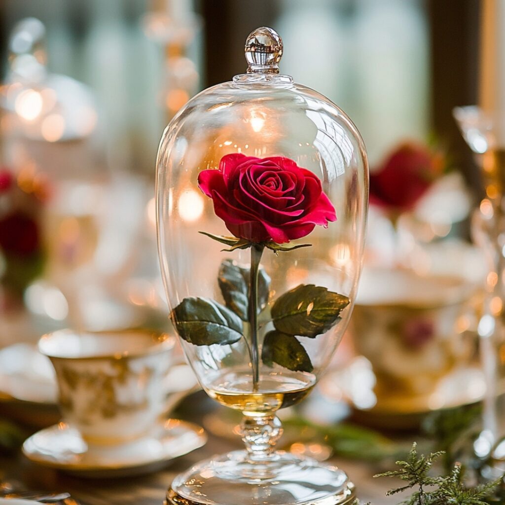 Beauty and the Beast-themed wedding favors, including miniature enchanted roses in glass domes, personalized teacups, and rose-infused honey, offering guests a magical keepsake from the wedding.