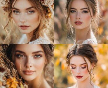 A radiant bride with fall-inspired makeup, embodying the beauty and warmth of autumn with a look that enhances her natural features, perfect for an unforgettable wedding day.
