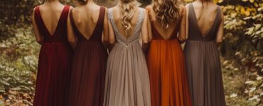 fall bridesmaid dresses, showcasing a variety of styles and fabrics, thoughtfully chosen to enhance the autumn wedding theme.