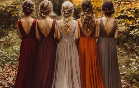fall bridesmaid dresses, showcasing a variety of styles and fabrics, thoughtfully chosen to enhance the autumn wedding theme.