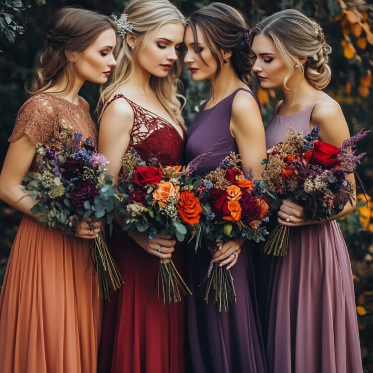 A beautifully coordinated bridal party in fall-themed dresses, showcasing a harmonious blend of vibrant and muted tones that capture the essence of the autumn season, adding charm and elegance to the wedding day.